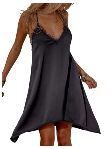 Verdusa Women's Lace Satin Cami Dress Rave Asymmetrical Flowy Dresses Party Outfits Black Small