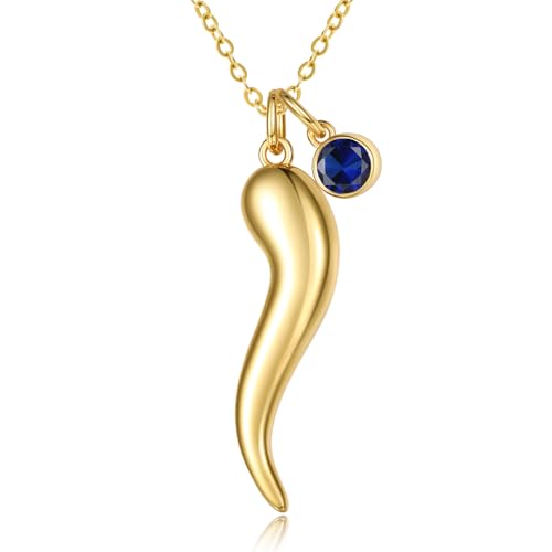 Italian Horn Necklace for Women, 14K Gold Cornicello Jewelry with Birthstone Pendant, Good Luck Talisman Protection Gifts for Her