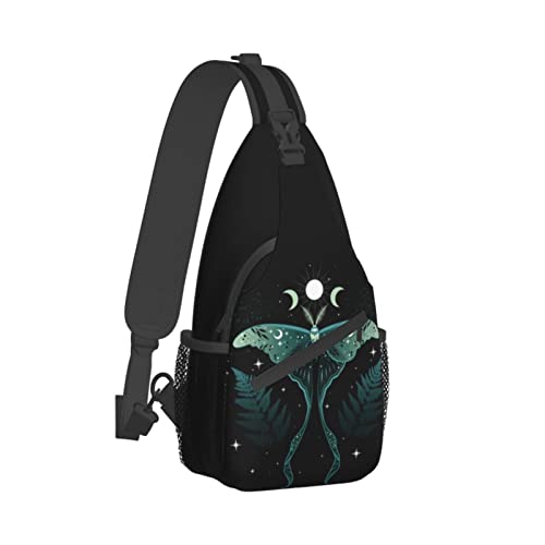 PETTDY Green Moon Moth Sling Bag For Men Women Shoulder Backpack Chest Bags Crossbody Daypack For Hiking Camping Outdoor Trip