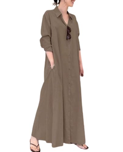 Zhyaj Vestido camisero de algodón para mujer, de manga larga, con botones, de lino, vestido largo de otoño, casual, holgado, cuello de solapa, vestido largo, Marrón, XXXXXL