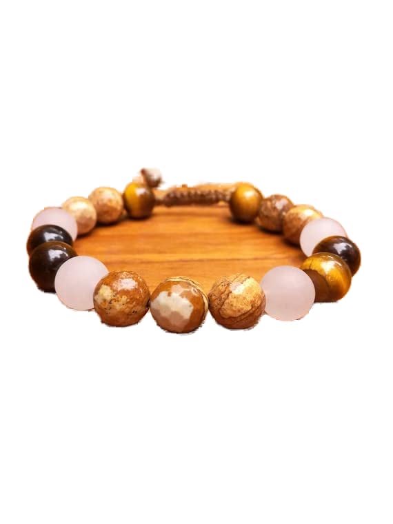 Bracelet méditation et yoga en oeil de tigre, jaspe et quartz rose pour retrouver la sérénité