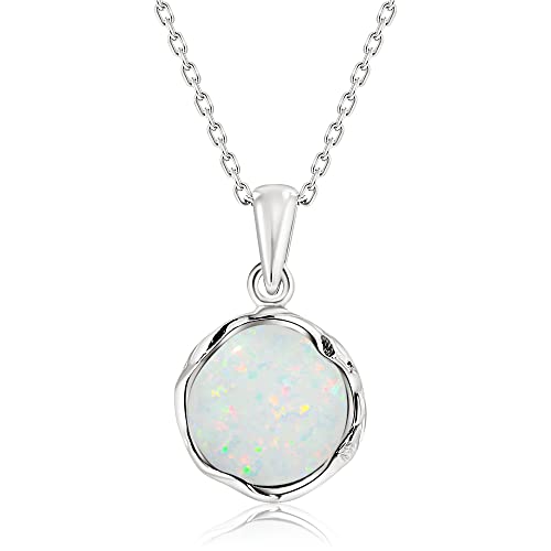ADITA GOLD 925 Sterling Silver White Opal Necklace, Dainty 12mm Round Gemstone Pendant, October Birthstone Bridal Wedding Jewelry, Handmade Vintage Statement Jewel for Classy Brides and Women