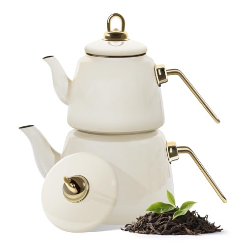 Homelux Teekanne Set, Wasserkessel Induktion Teekocher aus Emaille, Induktionsgeeignet, 2L+1L, Türkische teekanne, Caydanlik,Cremefarben Homelux Teekanne Set, Wasserkessel Induktion Teekocher aus Emaille, Induktionsgeeignet, 2L+1L, Türkische teekanne, Caydanlik,Cremefarben
