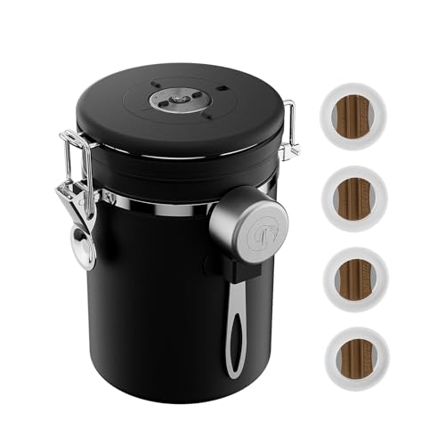 Image of Coffee Gator Coffee Canister, Airtight Stainless Steel Kitchen Food Storage Container with Date Tracker, Scoop for Sugar, Grounds Coffee, Beans,Tea, Sugar, Cereal, Flour, Cookies Jars (Black, 16oz)