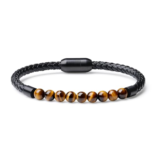 COAI Men's Crystal Bracelet, Stone Beaded Leather Bracelet for Men