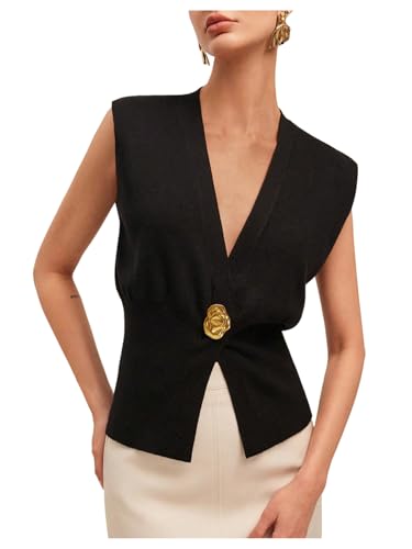 WDIRARA Women's Deep V Neck Sweater Vest Sleeveless Metal Decor Knit Tank Top