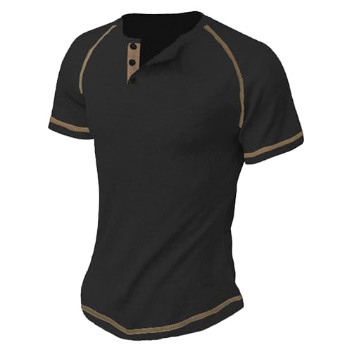 Men Classic Small Square Checked T Shirt Simple Loose Round Neck Henry Shirt Summer Quarter Button Sport Tops (Black,XX-Large)