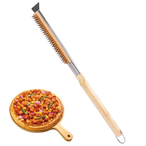 Zorplex Brosse de Four à Pizza avec Grattoir, Poils en Laiton Résistants à la Chaleur et Manche en Bois, Outil de Nettoyage 53 cm pour Pierre à Pizza, Grille Barbecue et Fours Extérieurs