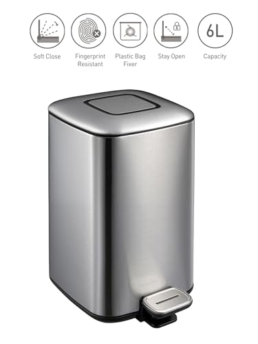 Image of Obsessions EKO Soft-Close Bathroom Trash Can - 6L Stainless Steel Pedal Bin with Lid & Liner, Elegant Metallic Waste Basket for Home & Kitchen