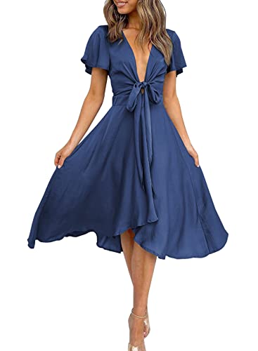 Image of miduo Womens Satin V Neck Ruffle Short Sleeve Tie Front High Waist Midi A-Line Maxi Dresses