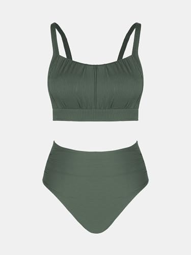Image of CUPSHE Women's Tummy Control High Waisted Bikini Set Textured Bathing Suit | Removable Soft Cups, Ruched, Adjustable Wide Straps, Ribbed Texture, Twist Back Detail, Full Coverage, Sporty, Beach Vacation