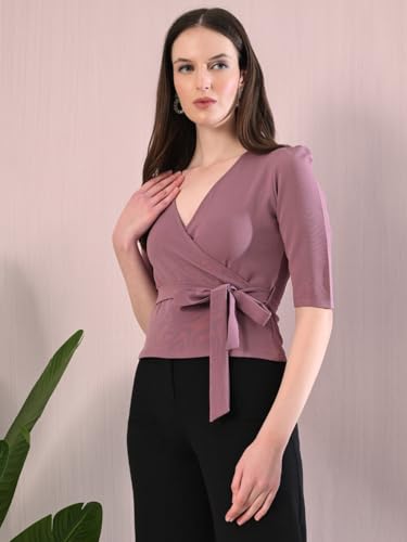 Image of Elegant Wrap Blouse for Women - Deep Neck Knot Design, Slim Fit Crop Style, Classy & Trendy Chic Fashionable Outfit for Casual