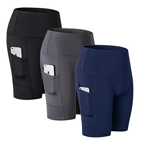 VERTAST Womens 3 Pairs Pack Women Sports Shorts, Yoga Pants High Waist Workout Running Shorts Tummy Control Shorts Pants Side Pocket, black + grey + D blue, M