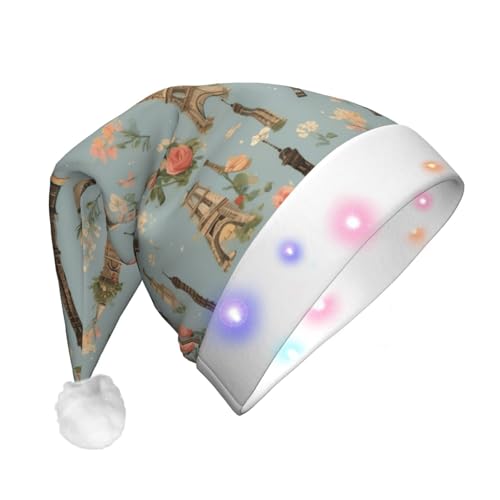 Bkdogkt Sombrero de Navidad con diseño de la Torre Eiffel de París con luces para hombre y mujer, gorro de Navidad con luces, suministros de fiesta