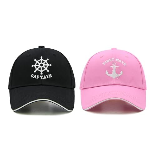 Image of Captain and First Mate Hat Set, Adjustable Matching Cotton Nautical Marine Sailor Baseball Caps, Boat Owner Gift