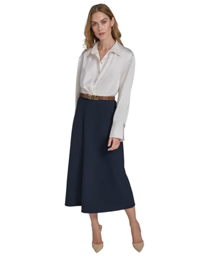 H HALSTON Women's Long Sleeve Shirt Collared V-Neck Midi Dress