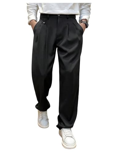 GORGLITTER Men's Zipper Fly Baggy Dress Pants Straight Leg Casual Pleated Trousers Streetwear