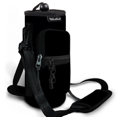 25/32/40oz Water Bottle Carrier Bag with Phone Pocket,Crossbody Insulated Neoprene Adjustable Shoulder Strap Water Bottle Pouch Case, Water Bottle Holder Sling Sleeve for Walking Hiking, 40oz Black