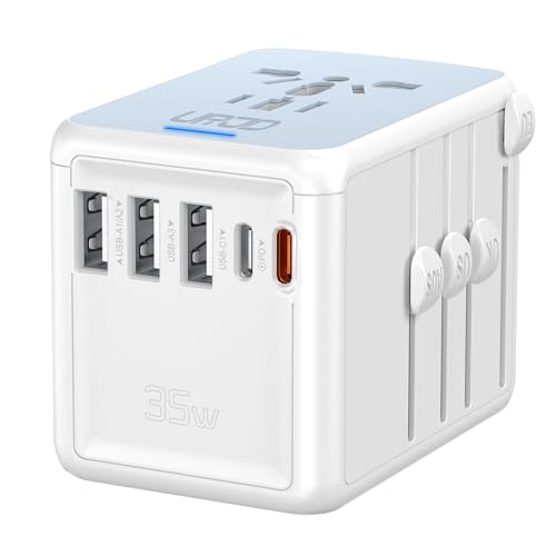 Universal Travel Adapter 35W PD Fast Charging Offers 3X2.4A USB-A Ports, 2X USB-C Ports and Multi AC Outlet, International Plug Converter Worldwide Travel Charger All in One for EU US UK AUS