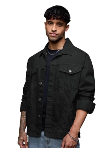 Image of The Souled Store Denim Jacket: Onyx Men and Boys Full Sleeves Spread Collar Black Solid Cotton Oversized Fit Durable Lightweight Everyday Denim Jacket