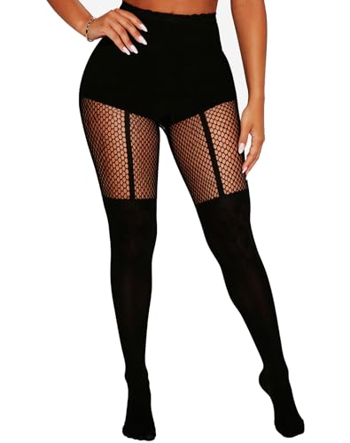 Image of Sexy Faux Thigh High Tights Mock Suspender Pantyhose Fishnet Stockings Striped Goth Fishnets for Women
