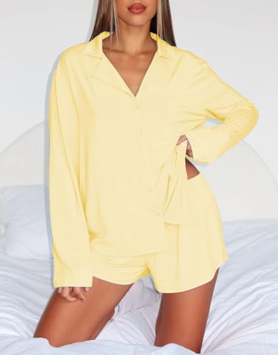Giraropa Button Down Pajamas Women 2 Piece Lounge Set Shirt and Shorts Long Sleeve Pjs Sleepwear Loungewear4
