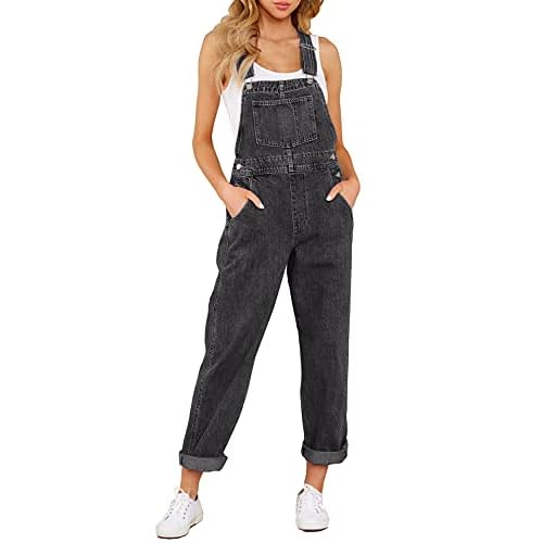 luvamia Women's Casual Stretch Adjustable Denim Bib Overalls Jeans Pants Jumpsuits Large B Pebble Grey