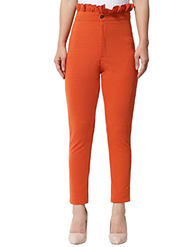 Image of KOTTY Women Solid Polyester Blend Neon Orange Trouser (Neon Orange,34)