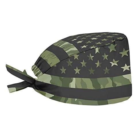 Frestree Armgreen Camo American Flag Working Cap Sweatband and Adjustable Tie Back Gourd-Shaped Scrub Hat for Women Men Unisex Durable Shower Hats Outdoor Shopping/Work Headwear Cover