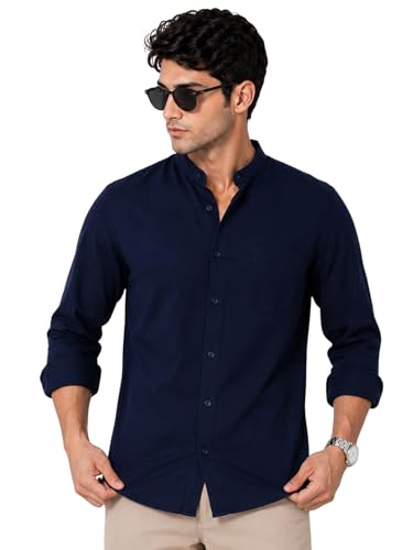Image of Veirdo Men's Stylish Solid Casual Shirt | Chinese Collar Pure Cotton | Available in Black, Brown, Rust, Olive, White & Navy | Sizes S to XXL
