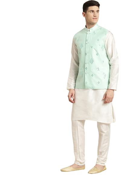 Image of SOJANYA (Since 1958, Men's Silk Blend Grey Kurta Pyjama & Silk Blend Jacket Combo
