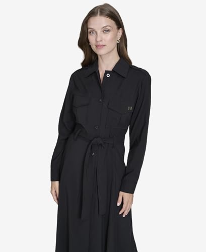H HALSTON Women's Wear to Work Collared V-Neck Long Sleeve Shirt Dress2