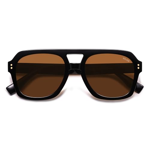 SOJOS Retro Thick Polarized Aviator Sunglasses for Women Men, Large Trendy Bold Square Pilot Shades SJ2385, Black/Brown