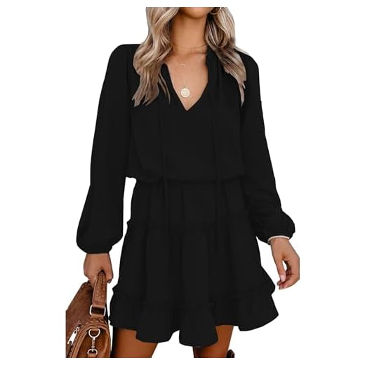 BTFBM Women Casual Summer Fall Dresses Tie V Neck Long Sleeve High Waist Ruffle Tiered A Line Swing Tunic Mini Dress(Long Sleeve Black, Medium)
