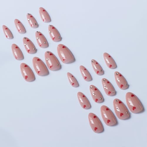 Image of Heart Press on Nails Nude Fake Nails with Design Reusable Glossy Full Cover Medium Almond Nail Press ons Rhinestone Glue on Nail for Women Manicure 24Pcs