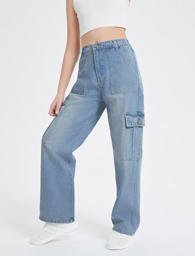 EXARUS Girls Jeans Cargo Baggy Wide Leg Teen Denim Pants High Elastic Waistband Straight with Pockets Youth Casual 8-14Y3