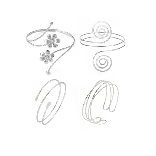 ItsStarred 4 Pcs Minimalist Arm Cuff Silver Plated Upper Arm Cuff Bangle Bracelet for Women Adjustable Arm band Set (A1: Silver Plated Coil 4pcs)