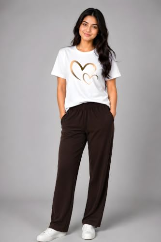 Image of ELVIA Women's Pure Cotton Top and Pyjama Co-Ord Set | Double Heart Graphic Printed Night Suit | Regular Fit Half Sleeve Round Neck T-Shirt with Pajama Sleepwear Loungewear Set