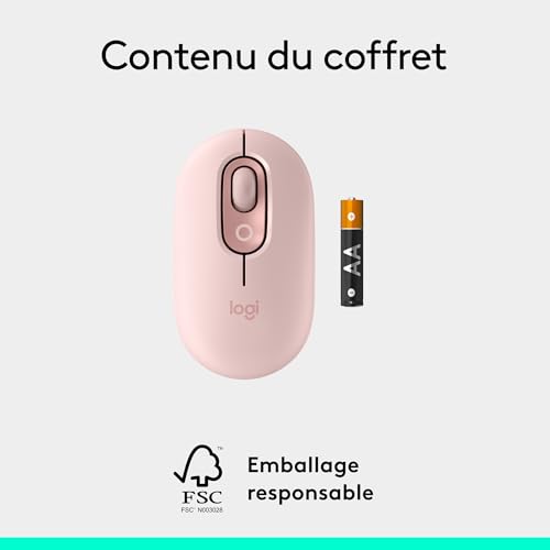 Logitech POP Mouse, souris Bluetooth sans fil compacte et portable avec boutons programmables et clics discrets, Easy-Switch entre 3 dispositifs, ordinateur portable, tablette, PC - Rose
