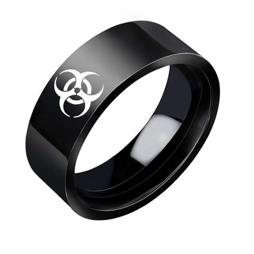 バイオハザードインスパイアチタンスチールリング シルバー & ブラック ゴシックパンクスタイルバンド ユニークなバイオハザードシンボルアクセサリー オルタナティブスタイル愛好家向け指輪のサイズ28号(US13)