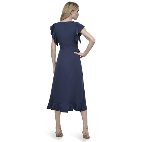 Image of DKNY Women's Ruffle Cap Sleeve Surplice Neck Fit and Flare Midi Dress