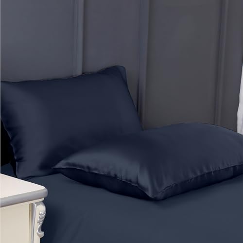 Image of 300 TC Art Silk Satin Pillow Cover Set | Durable Satin Pillow Cover with Envelope Closure | Luxury Satin Pillow Covers | Cozy Satin Pillow Covers (2, Navy Blue)