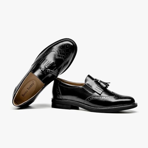 Image of BEAU TODAY Tassel Loafers for Women,Leather Brogue Dress Shoes,Wingtips Oxford for Women,Breathable Comfortable Slip-on Lace-up Handmade Flat Shoes for Business Work