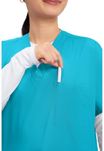 Image of Cherokee Scrubs for Women and Men Unisex V-Neck Tunic Nursing Scrub Top with Chest Pocket, Tuckable Durable Fabric - 4777 | 1 Chest Pocket For Essentials, Traditional Fit, Durable Construction, Comfortable Knit Details, Easy Care, Tuckable Style