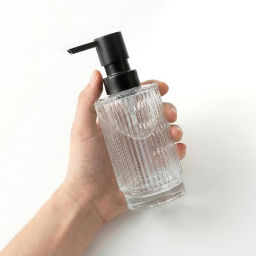 Image of VIMERPA Glass Soap Dispenser with Pump, 2 Pack 10 fl oz Clear Hand Soap Dispensers for Bathroom, Ribbed Style Dish Soap Dispenser for Kitchen, Modern Refillable Liquid Soap Pump Bottle