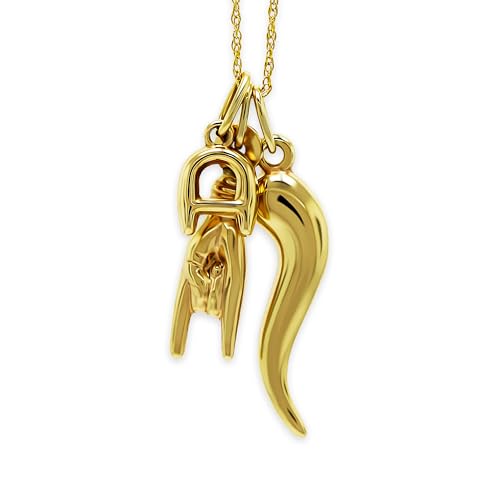 Gold Italian Horn with Hand Sign Pendant with Bubble Initial Pendant - 10 Karat Gold - 3D Good Luck Hand Sign - Italian Mano Cornuto Hand Symbol - Initial Letter Charm - Cornicello Pendant