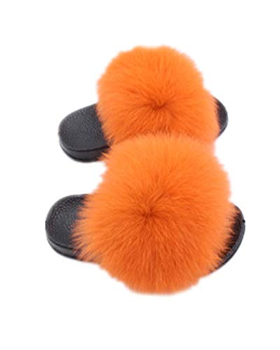 LVCOMEFF Girls Toddler Real Fox Fur Sandals Slides Fluffy Fuzzy for Kid Child