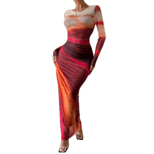 Image of LIGHT DOT Women's Printed Bodycon Maxi Dress Long Sleeve Tie Dye Mesh Ruched Cocktail Dress