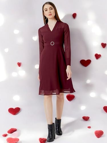 Image of Miss Chase Women's Round Neck Sleeveless Polyester Ruffled Knee- Length Dress