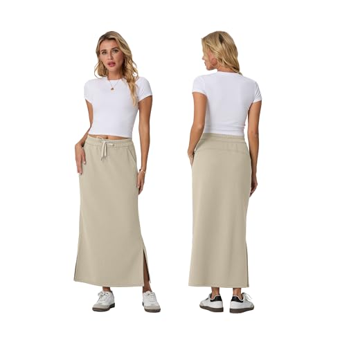 Image of Lepunuo Women's High Waisted Sweat Maxi Skirt with Pockets Slit | Ultra Soft Sweat Fabric, High Waist Drawstring, Deep Phone Pockets, Side Slit for Movement, Ideal for Lounge Travel